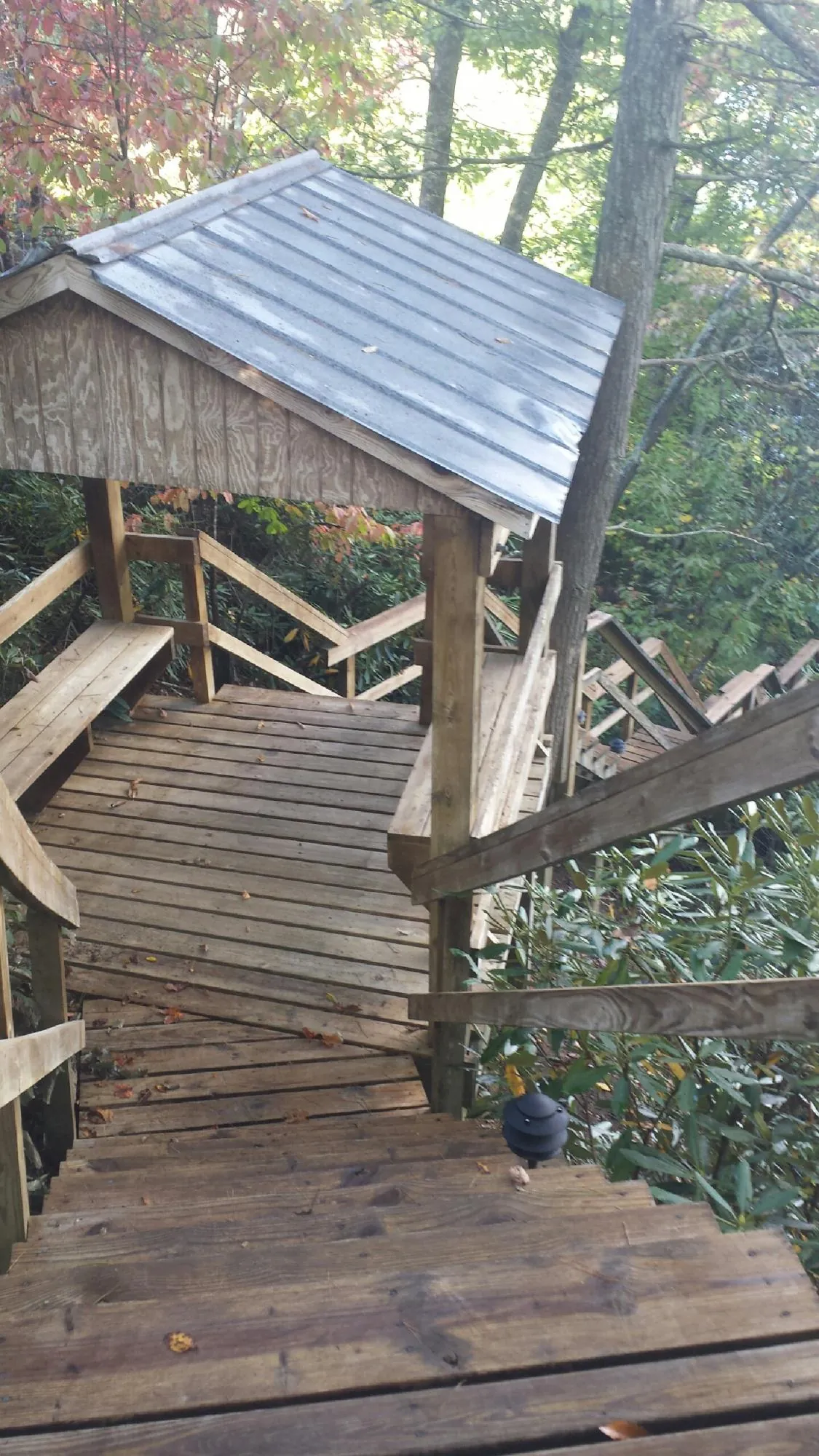 Metal roofed shelter over wooden steps on a wooded walkway — Skylight Repair & Installation work by our crew in Taylor