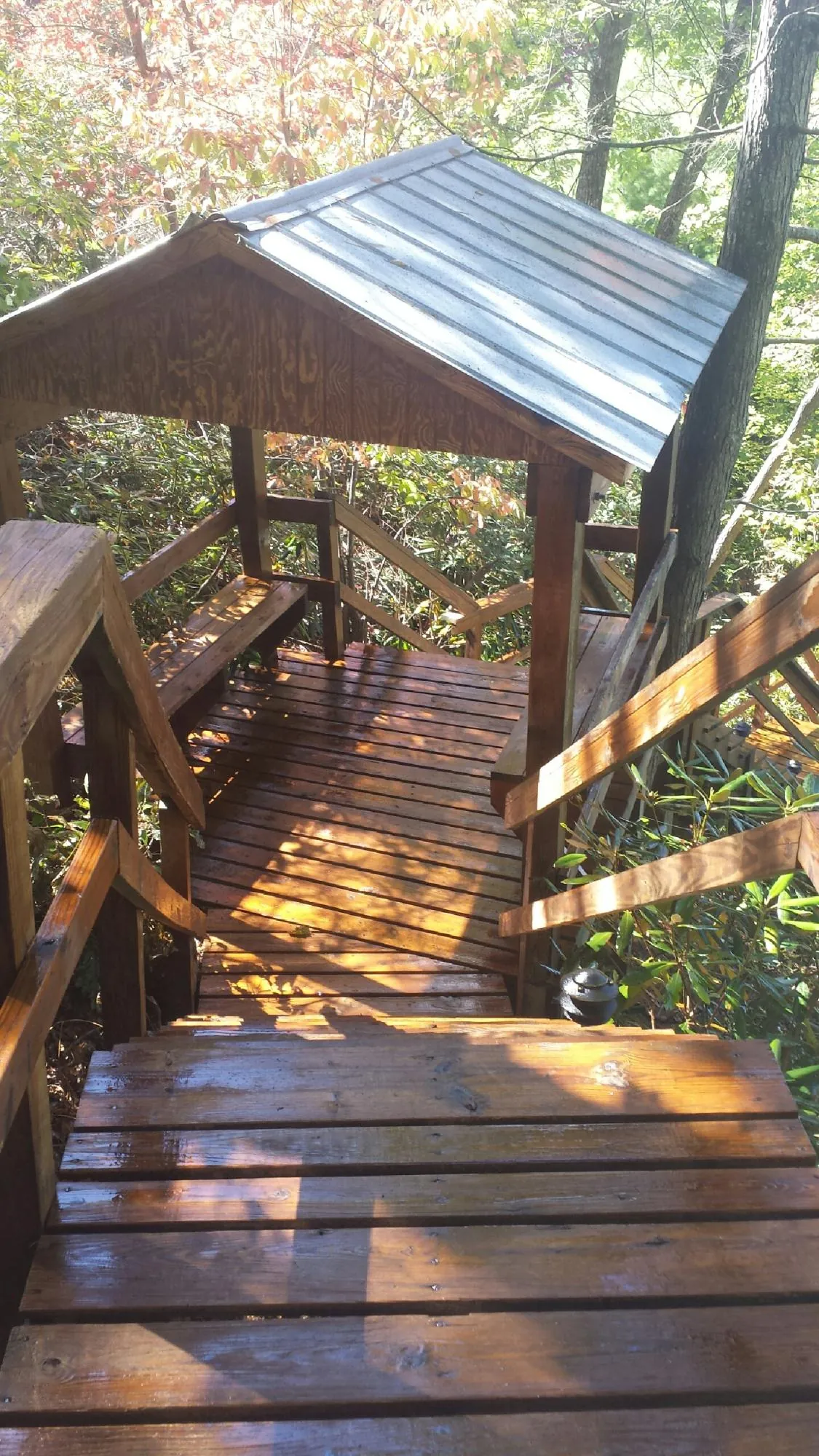 Freshly stained wood walkway and covered shelter with a metal roof in Taylor